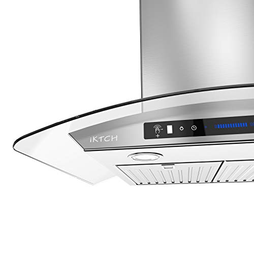 IKTCH 36-inch Wall Mount Range Hood Tempered Glass 900 CFM, Kitchen Chimney Vent Stainless Steel with Gesture Sensing & Touch Control Switch Panel, 2 Pcs Adjustable Lights(IKP03-36)