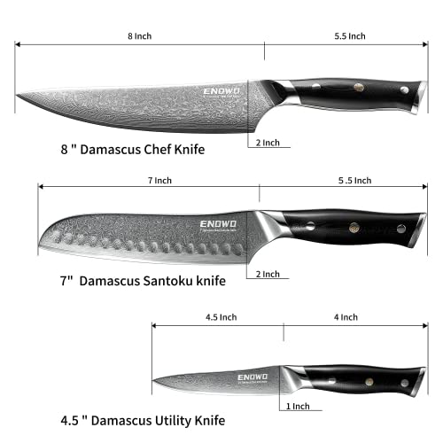 enowo Damascus Knife Set 3 PCS,Razor Sharp Kitchen Knives Japanese Damascus Steel VG10, Well-Balanced Damascus Chef Knife set with Premium G10 Full Tang Handle Triple Rivet Gift Box