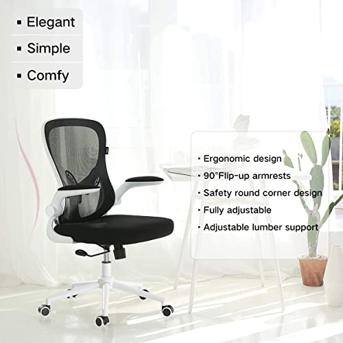 Hbada Ergonomic Office Chair Work Desk Chair Computer Breathable Mesh Chair with Adjustable Lumbar Support and Flip-up Arms, White