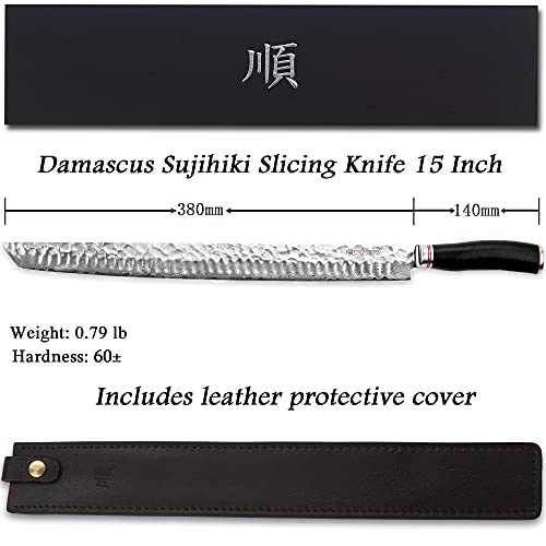 YOUSUNLONG Sakimaru Knife 15 inch(380mm) Ultimate Japanese Damascus Steel Fillet Knives Suitable for cutting tuna and salmon-Natural Ebony Handle With Leather Sheath