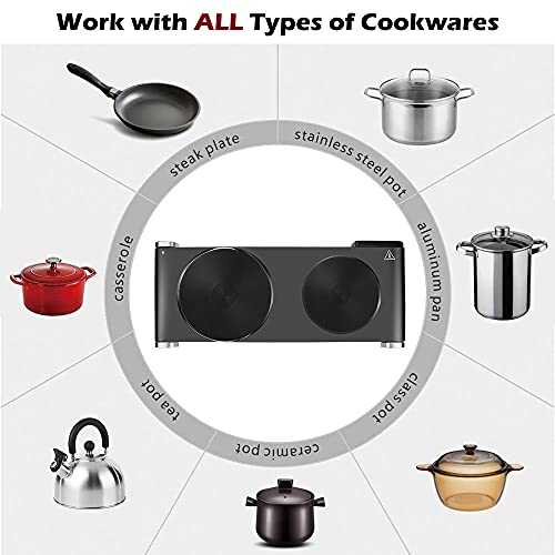 Electric Burner, CUSIMAX Hot Plates for Cooking, 1800W Double Burner, Portable Stove, Cast Iron Heating Plate, Countertop Burner, Stainless Steel easy to Clean, Black