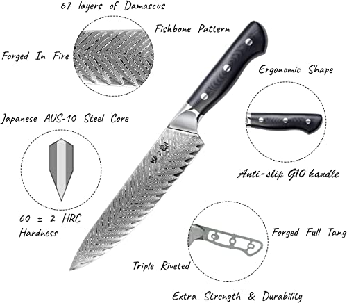 SIXILANG Knife Set, Professional Damascus Chef Knives 3 PCS, 67 Layer Japanese AUS10 Steel Core Forged Kitchen Knives, Well-Balanced Full Tang Handle Triple Rivet Handle with Premium black Gift Box