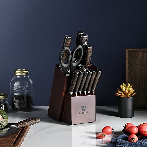 BRODARK Kitchen Knife Set with Block, Upgraded Ultra Sharp 15 PCS German Stainless Steel Professional Chef Knife Set with Knife Sharpener, NSF Certified Full Tang Knife Block Set, Gift for Men I Women