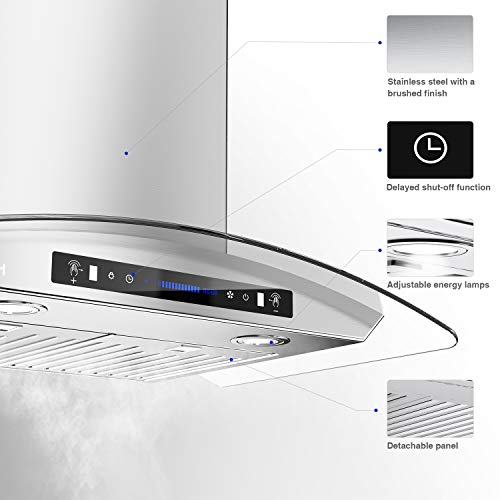 IKTCH 36-inch Wall Mount Range Hood Tempered Glass 900 CFM, Kitchen Chimney Vent Stainless Steel with Gesture Sensing & Touch Control Switch Panel, 2 Pcs Adjustable Lights(IKP03-36)