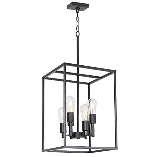 VINLUZ Classic Foyer Pendant Lighting 6 Light Black Farmhouse Chandelier Finish with Square Cage Shades Fixtures for Kitchen Dining Room Entryway
