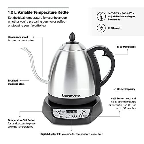 Bonavita 1L Digital Variable Temperature Gooseneck Electric Kettle for Coffee Brew and Tea Precise Pour Control, 6 Preset Temps, Café or Home Use, 1000 Watt, Stainless Steel - Sales4U