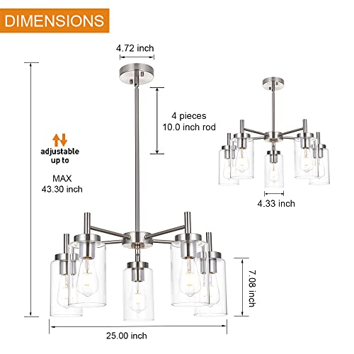 VINLUZ Contemporary 5 Light Large Chandeliers Modern Clear Glass Shades Pendant Lighting Brushed Polished Nickel Dining Room Lighting Fixtures Hanging Adjustable Wire Semi Flush Ceiling Lights