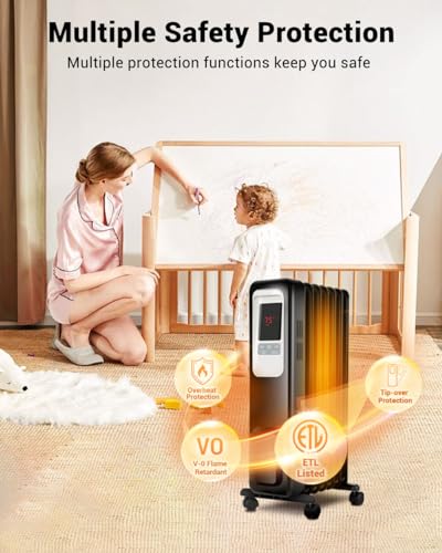 Aikoper Oil Filled Radiator Heater, 1500W Electric Portable Space Heaters for Indoor Use with Remote, Digital Thermostat, 4 Modes, 24h Timer, Overheat & Tip-Over Protection Quiet for Whole Room