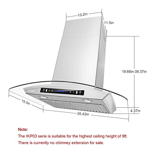 IKTCH 36-inch Wall Mount Range Hood Tempered Glass 900 CFM, Kitchen Chimney Vent Stainless Steel with Gesture Sensing & Touch Control Switch Panel, 2 Pcs Adjustable Lights(IKP03-36)