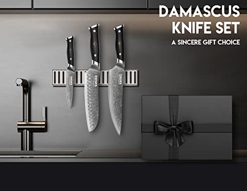 enowo Damascus Knife Set 3 PCS,Razor Sharp Kitchen Knives Japanese Damascus Steel VG10, Well-Balanced Damascus Chef Knife set with Premium G10 Full Tang Handle Triple Rivet Gift Box