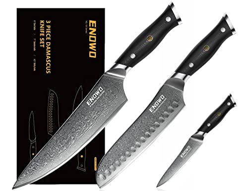 enowo Damascus Knife Set 3 PCS,Razor Sharp Kitchen Knives Japanese Damascus Steel VG10, Well-Balanced Damascus Chef Knife set with Premium G10 Full Tang Handle Triple Rivet Gift Box