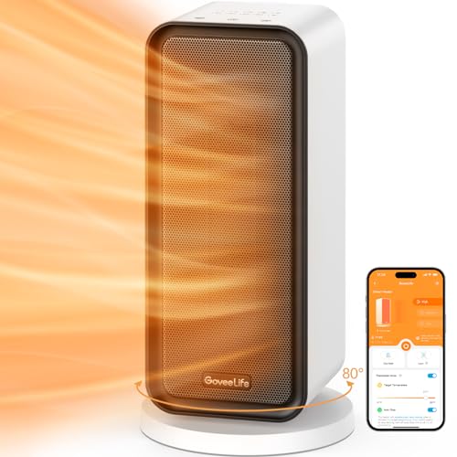 GoveeLife Space Heater, 1500W Fast Portable Heating for Indoor Use, 80°Oscillating, Smart Ceramic Heater with Thermostat, 24H Timer, Electric Heater with App & Voice Remote, Home/Bedroom/Office, White