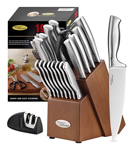 Marco Almond MA22 Knife Sets, 19 Pieces Stainless Steel Hollow Handle Kitchen Knives Block Set
