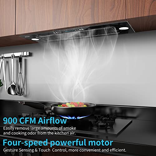 IKTCH New 30" Range Hood Insert, 900 CFM Ducted/Ductless Range Hood with 4 Speed Fan, Black Stainless Steel & Tempered Glass Range Hood 30 inch with Gesture Sensing&Touch Control Making life Smarter
