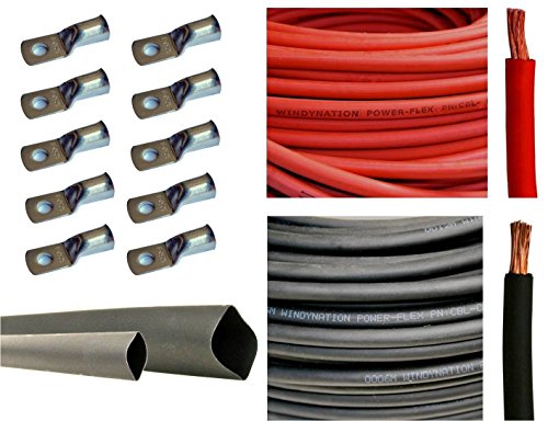 4/0 Gauge 4/0 AWG 10 Feet Red + 10 Feet Black Welding Battery Pure Copper Flexible Cable + 10pcs of 3/8" Tinned Copper Cable Lug Terminal Connectors + 3 Feet Black Heat Shrink Tubing