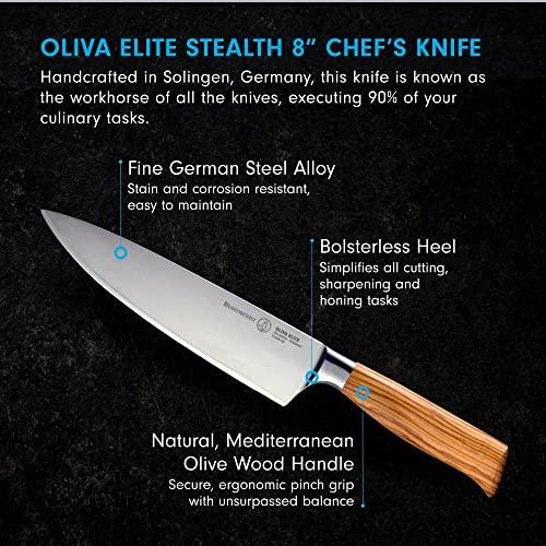 Messermeister Oliva Elite Stealth 8” Chef’s Knife - Fine German Steel Alloy Blade & Natural Mediterranean Olive Wood Handle - Rust Resistant & Easy to Maintain - Sales4U
