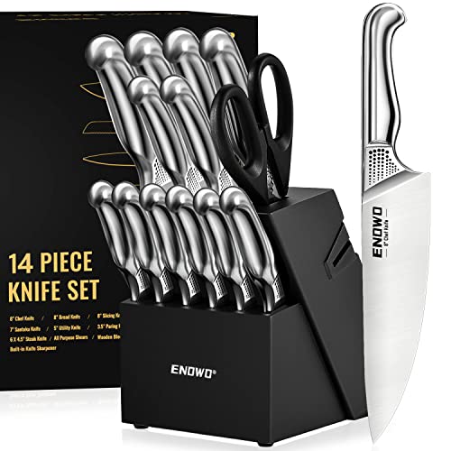 enowo Kitchen Knife Set with Block, 14 Pieces German Stainless Steel Knife Block Set, Hollow Handle Chef Knife Set Built-in Sharpeners Right