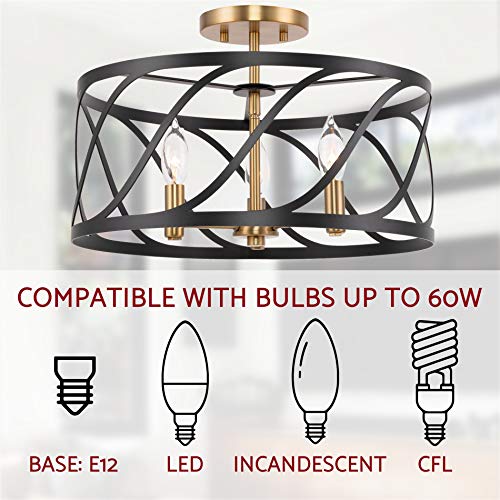 Kira Home Isabelle 16" 3-Light Modern Semi-Flush Mount Ceiling Light, Metal Drum Shade, Warm Brass Accents + Black Finish