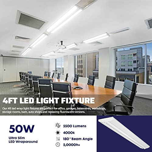 AntLux 4FT LED Wraparound Light Fixture 50W Ultra Slim LED Shop Lights for Garage, No Glare, 5500 Lumens, 4000K Neutral White, 4 Foot Flush Mount Office Ceiling Wrap Light for Workshop Kitchen, 4 Pack