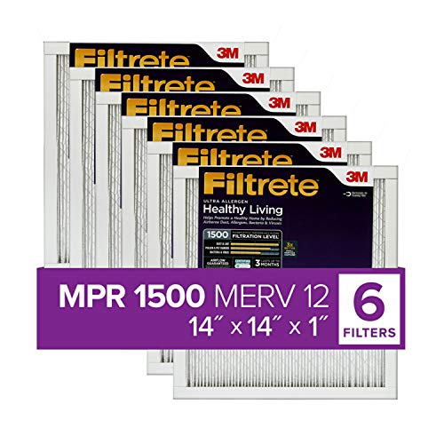 Filtrete 14x14x1 Air Filter MPR 1500 MERV 12, Healthy Living Ultra Allergen, 6-Pack (exact dimensions 13.81 x 13.81 x 0.78)