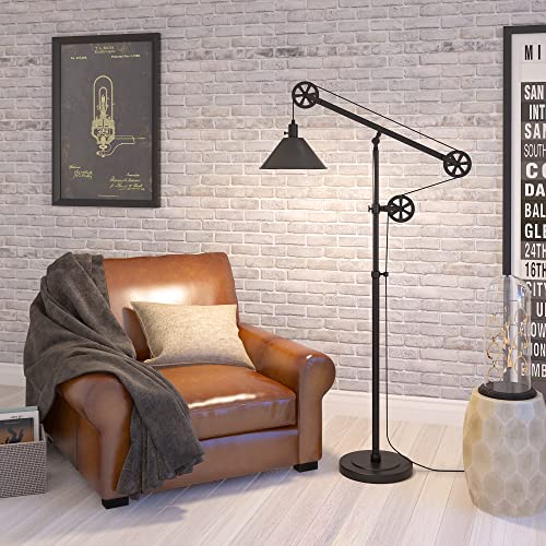Descartes Pulley System Floor Lamp with Metal Shade in Blackened Bronze/Blackened Bronze