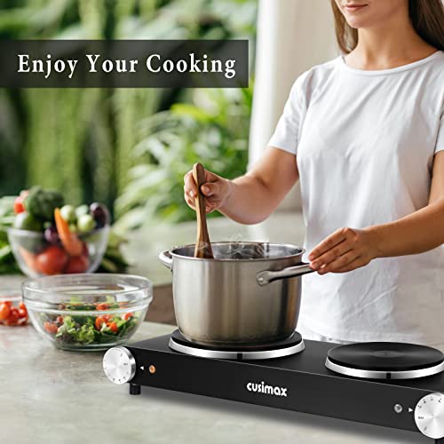 Electric Burner, CUSIMAX Hot Plates for Cooking, 1800W Double Burner, Portable Stove, Cast Iron Heating Plate, Countertop Burner, Stainless Steel easy to Clean, Black