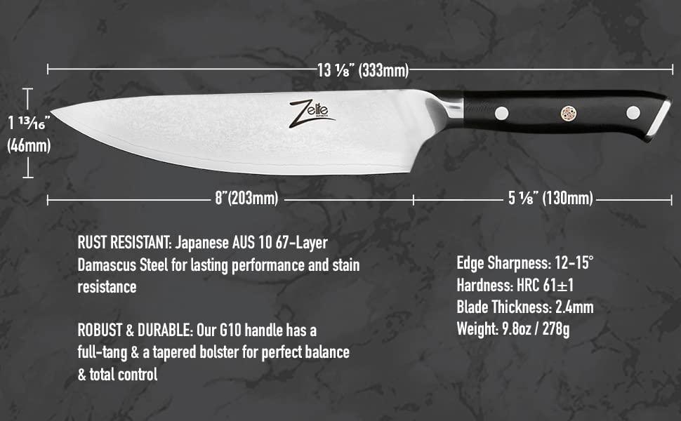 Zelite Infinity Damascus Chef Knife 8 Inch, Japanese Chef Knife, Damascus Kitchen Knife, Japanese Knife, Chefs Knife, Kitchen Knives, Chef Knives - Japanese AUS-10 Super Steel 67-Layer Damascus Knife - Sales4U