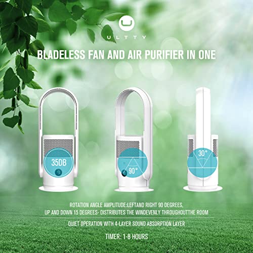 ULTTY Bladeless Tower Fan and Air Purifier in one, 90° Oscillating Bladeless Fan with Remote, Touch, 8H Timer, Floor Fans for Bedroom Whole Room Home Office, White