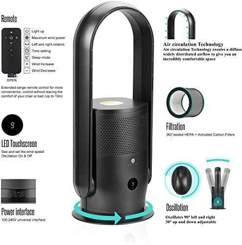 ULTTY Bladeless Tower Fan and Air Purifier in one, 90° Oscillating Bladeless Fan with Remote, Touch, 8H Timer, Floor Fans for Bedroom Whole Room Home Office R021, Black - Sales4U
