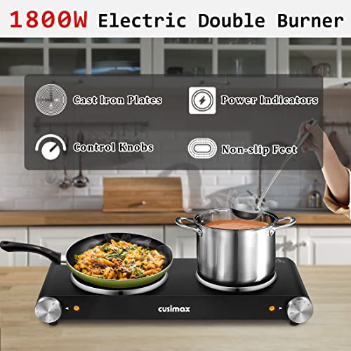 Electric Burner, CUSIMAX Hot Plates for Cooking, 1800W Double Burner, Portable Stove, Cast Iron Heating Plate, Countertop Burner, Stainless Steel easy to Clean, Black