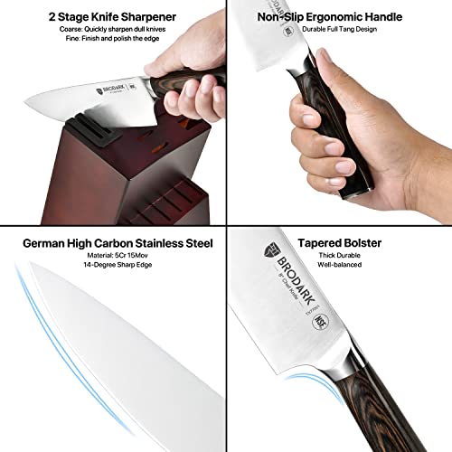 BRODARK Kitchen Knife Set with Block, Upgraded Ultra Sharp 15 PCS German Stainless Steel Professional Chef Knife Set with Knife Sharpener, NSF Certified Full Tang Knife Block Set, Gift for Men I Women