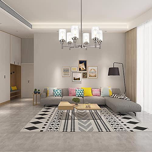 VINLUZ 6 Light Contemporary Chandelier Brushed Nickel Modern Pendant Lighting Cylinder Clear Glass Shaded Classic Ceiling Light Fixtures for Living Room Dining Room Kitchen