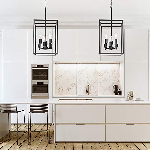 VINLUZ Classic Foyer Pendant Lighting 6 Light Black Farmhouse Chandelier Finish with Square Cage Shades Fixtures for Kitchen Dining Room Entryway