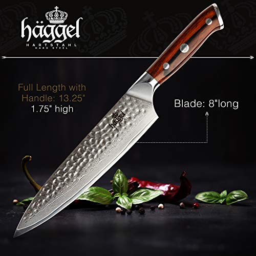 Haggel 8" Professional Chef Knife Damascus Steel - VG10 Grade - the best Value Razor Sharp Kitchen Knife - Hand Hammered Stainless Steel blade - Full Tang Rosewood Handle