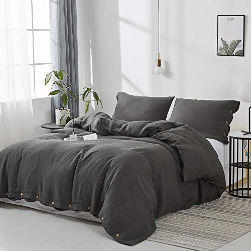 Simple&Opulence 100% Washed Linen Duvet Cover Set-Soft Natural Flax Bedding Set (1 Duvet Cover+ 2 Pillowcases)-Farmhouse Comforter Set with Coconut Button Closure (King, Charcoal Grey)