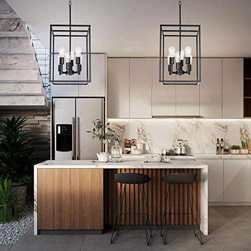 VINLUZ Classic Foyer Pendant Lighting 6 Light Black Farmhouse Chandelier Finish with Square Cage Shades Fixtures for Kitchen Dining Room Entryway