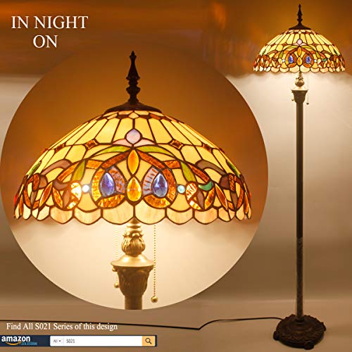 WERFACTORY Tiffany Floor Lamp Serenity Victorian Stained Glass Standing Reading Light 16X16X64 Inches Antique Pole Corner Lamp Decor Bedroom Living Room Home Office S021 Series