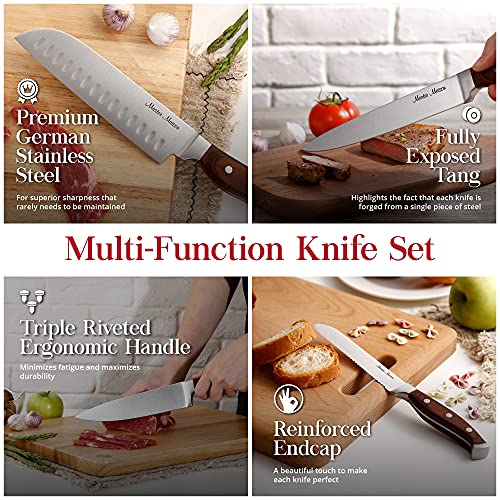 15-Piece Premium Kitchen Knife Set With Block | Master Maison German Stainless Steel Knives With Knife Sharpener & 6 Steak Knives (Walnut)