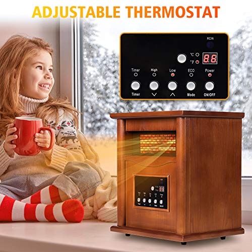 Electric Infrared Space Heater, Quartz Heater for Indoor Use, Tip-Over & Overheat Protection with Remote Control, 3 Heat Settings, 12H Timer, 1500W for Large Room Basement Heating