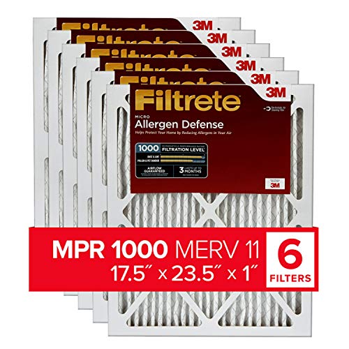 Filtrete 17.5x23.5x1 Air Filter MPR 1000 MERV 11, Allergen Defense, 6-Pack (exact dimensions 17.19 x 23.19 x 0.81)
