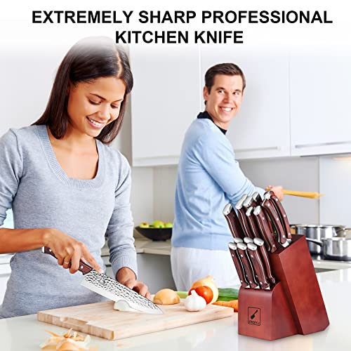 Kitchen Knife Set,imarku 16-Piece Knife Set With Block,Professional German Stainless Steel Knife Set with 6 steak knives and Knife Sharpener,Unique Hammered Design