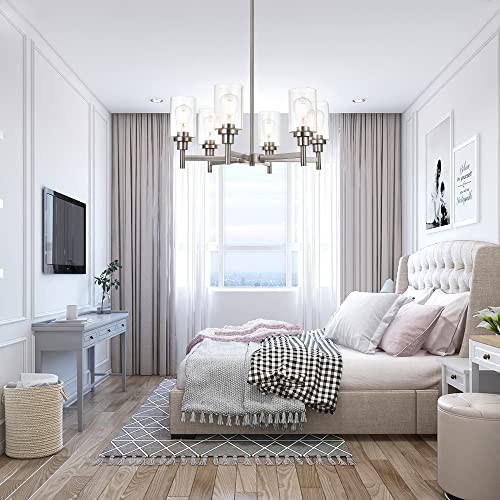 VINLUZ 6 Light Contemporary Chandelier Brushed Nickel Modern Pendant Lighting Cylinder Clear Glass Shaded Classic Ceiling Light Fixtures for Living Room Dining Room Kitchen