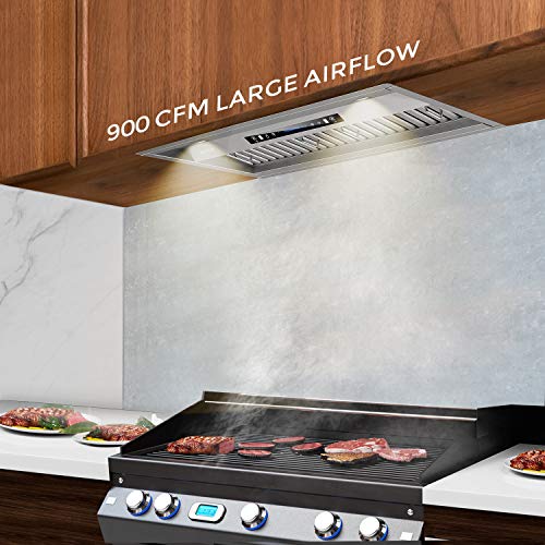 IKTCH 30 inch Built-in/Insert Range Hood 900 CFM, Ducted/Ductless Convertible Duct, Stainless Steel Kitchen Vent Hood with 2 Pcs Adjustable Lights and 2 Pcs Baffle Filters with Handlebar(IKB02-30'')