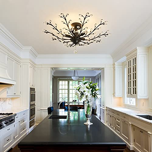 CVKASH 5 - Light Vintage Small Crystal Chandelier， Modern Semi Flush Mount Ceiling Light Fixture，Chandelier Lighting for Kitchen Bedroom Living Room Dining Room Hallway Foyer（Black）