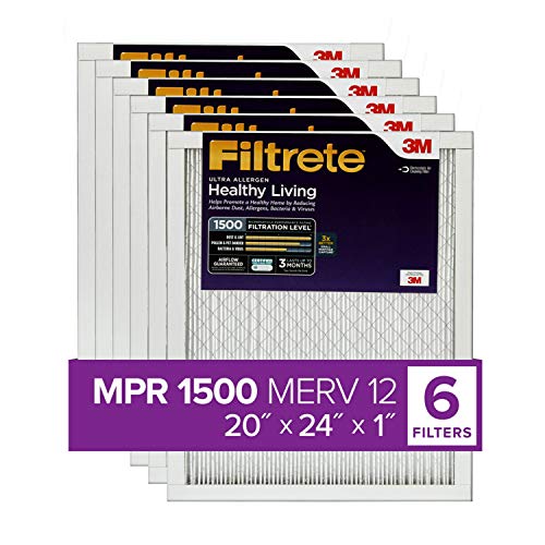Filtrete 20x24x1 Air Filter MPR 1500 MERV 12, Healthy Living Ultra Allergen, 6-Pack (exact dimensions 19.81 x 23.81 x 0.78)