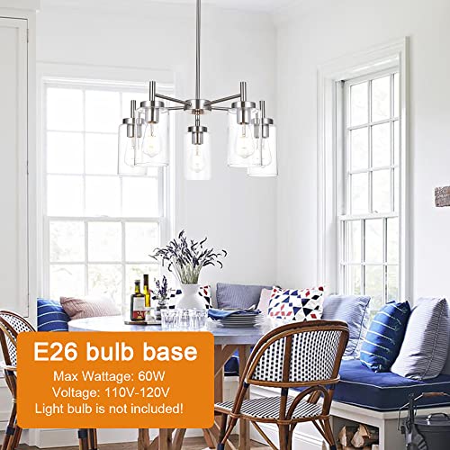 VINLUZ Contemporary 5 Light Large Chandeliers Modern Clear Glass Shades Pendant Lighting Brushed Polished Nickel Dining Room Lighting Fixtures Hanging Adjustable Wire Semi Flush Ceiling Lights