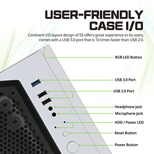 Zalman S5 Mid Tower PC Gaming ATX Computer Case, Preinstalled 1x 120mm RGB Fan and 1x 120mm Fan, Thick 4mm Tempered Glass Side, AIO Water Cooler Bracket, Front Panel RGB Strip (White)