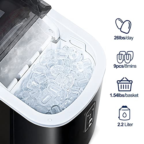 Euhomy Ice Maker Machine Countertop, 26 lbs in 24 Hours, 9 Cubes Ready in 6 Mins, Self-Clean Electric Ice Maker Compact Potable Ice Maker with Ice Scoop and Basket. for Home/Kitchen/Office.(Black)