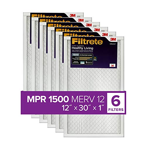 Filtrete 12x30x1 Air Filter MPR 1500 MERV 12, Healthy Living Ultra Allergen, 6-Pack (exact dimensions 11.81 x 29.81 x 0.78)
