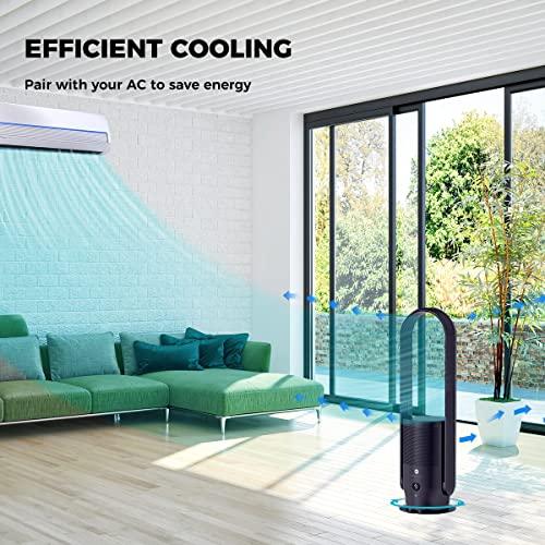ULTTY Bladeless Tower Fan and Air Purifier in one, 90° Oscillating Bladeless Fan with Remote, Touch, 8H Timer, Floor Fans for Bedroom Whole Room Home Office R021, Black - Sales4U